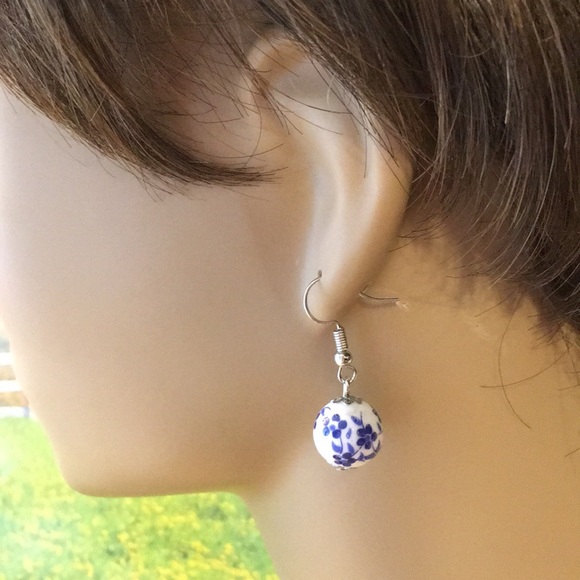 Blue Flower Ball Earrings - Picture 10 of 11